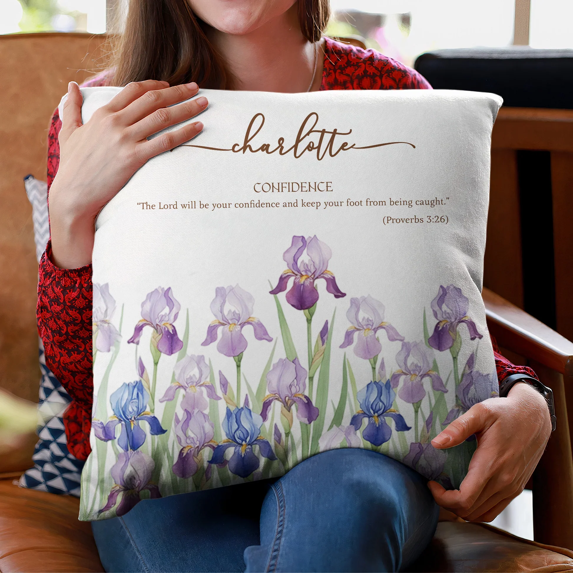 Personalized Square Pillow with Name and Bible Verse Gift for Her – Watercolor Iris Cushion for Daily Confidence - Image 2