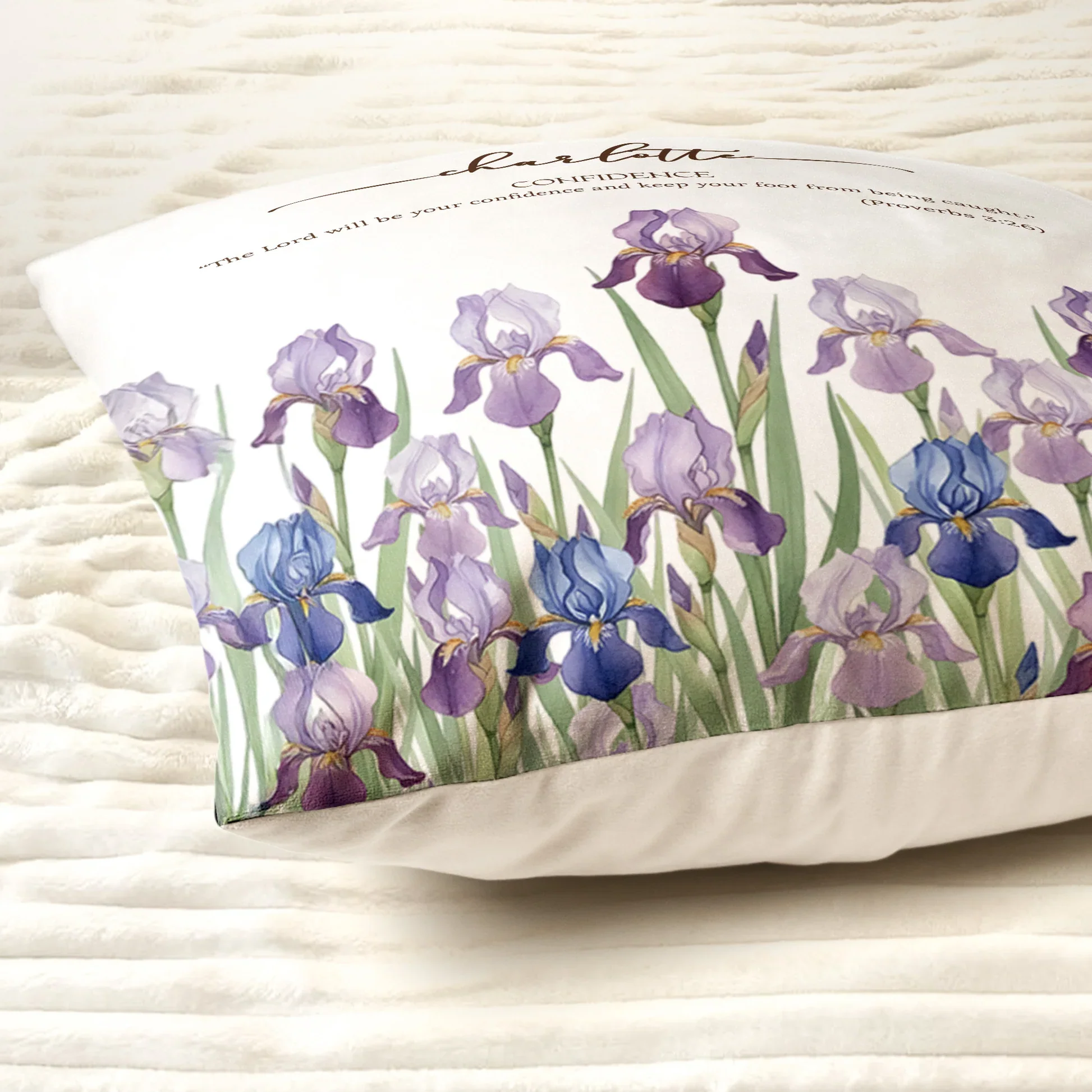 Personalized Square Pillow with Name and Bible Verse Gift for Her – Watercolor Iris Cushion for Daily Confidence - Image 3