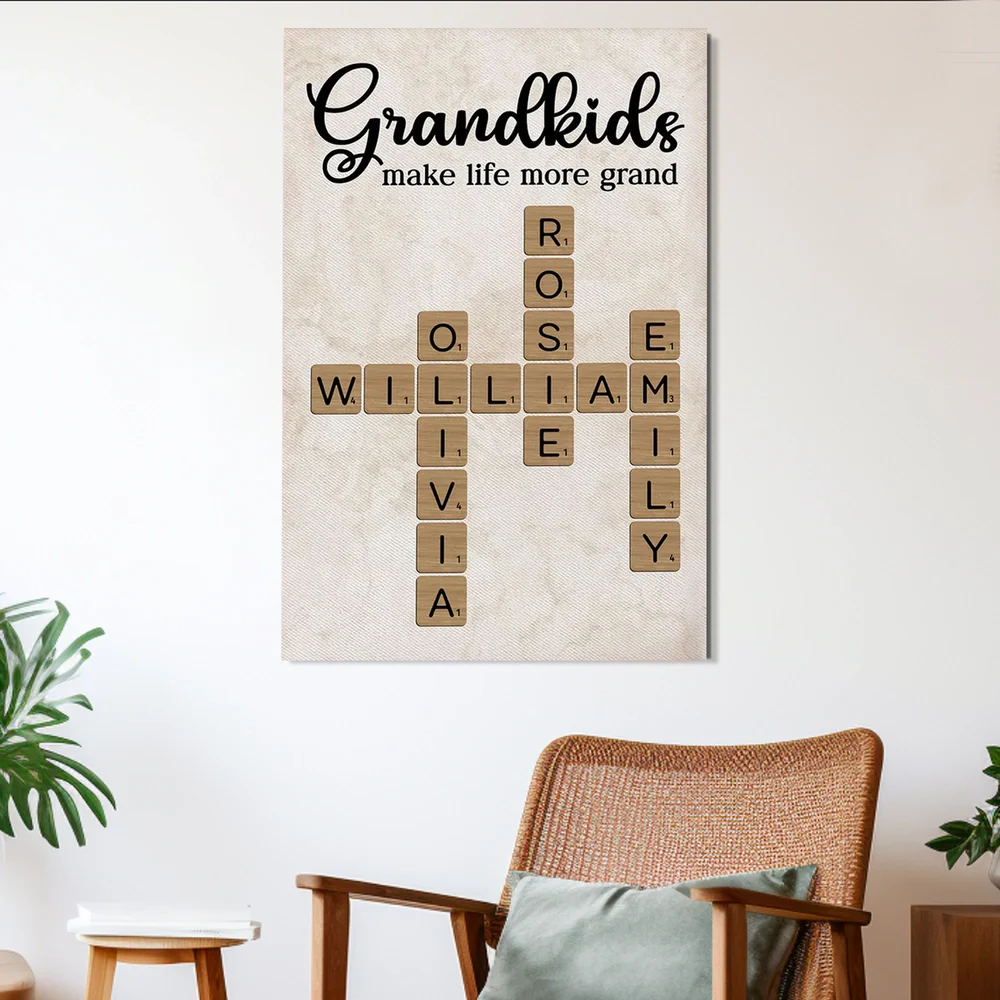 Personalized Grandkids Poster Crossword Art Gift for Grandparents – Custom Names Wall Decor That Makes Life More Grand