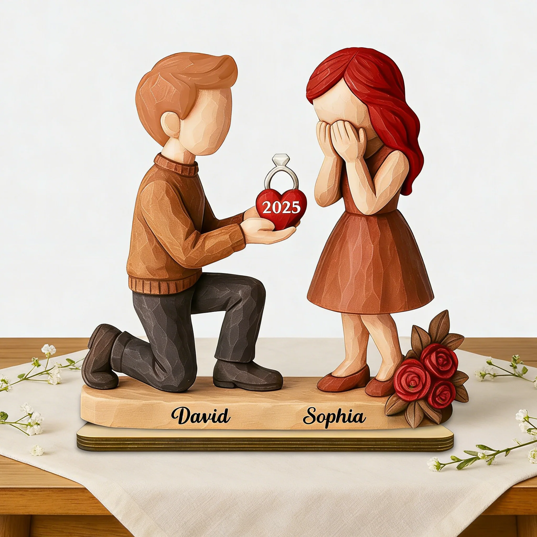 Personalized Wooden Plaque with Proposal Couple Figurines, Custom Year & Names, Romantic Keepsake Home Decor, Unique Engagement Gift