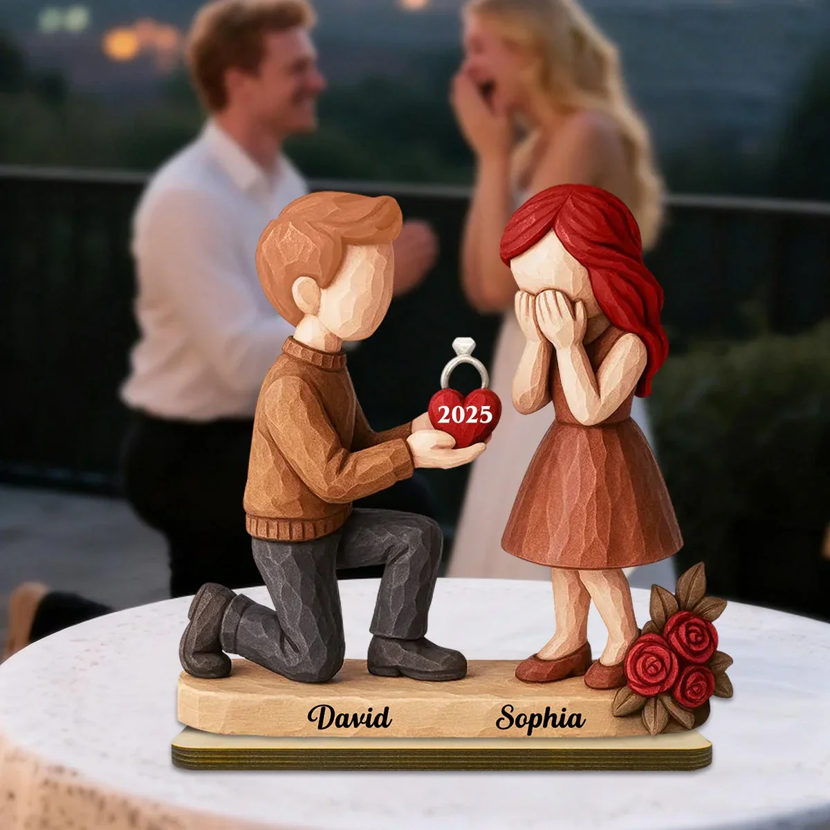 Personalized Wooden Plaque with Proposal Couple Figurines, Custom Year & Names, Romantic Keepsake Home Decor, Unique Engagement Gift - Image 3