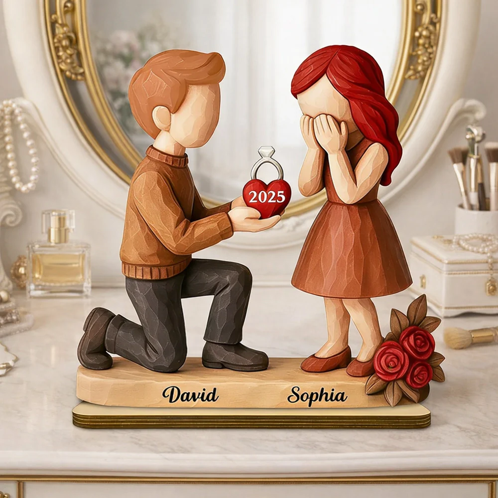 Personalized Wooden Plaque with Proposal Couple Figurines, Custom Year & Names, Romantic Keepsake Home Decor, Unique Engagement Gift - Image 6