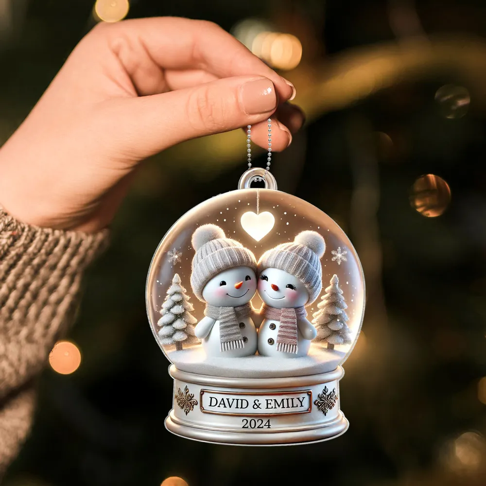 Personalized Acrylic Ornament with Snowman Couple in Snow Globe, Cute Winter Scene for Couples and a Unique Christmas Gift - Image 2