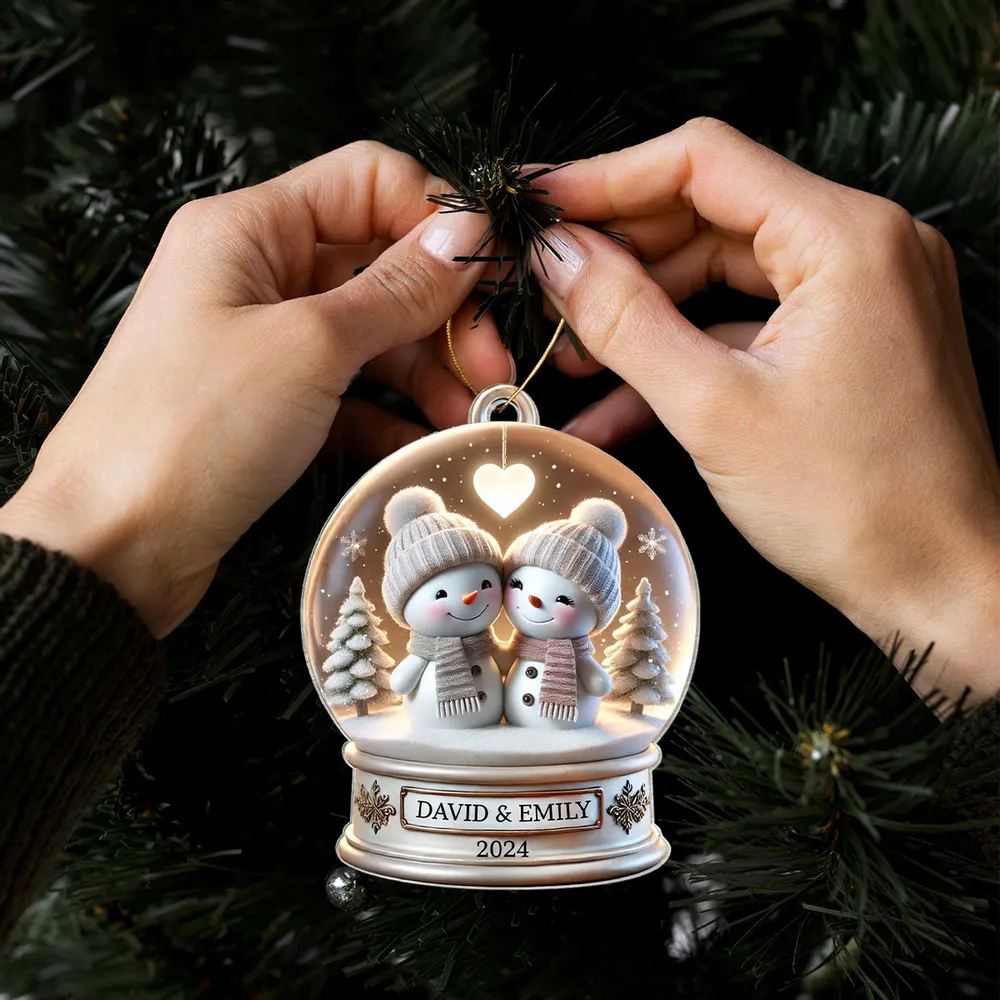 Personalized Acrylic Ornament with Snowman Couple in Snow Globe, Cute Winter Scene for Couples and a Unique Christmas Gift - Image 3