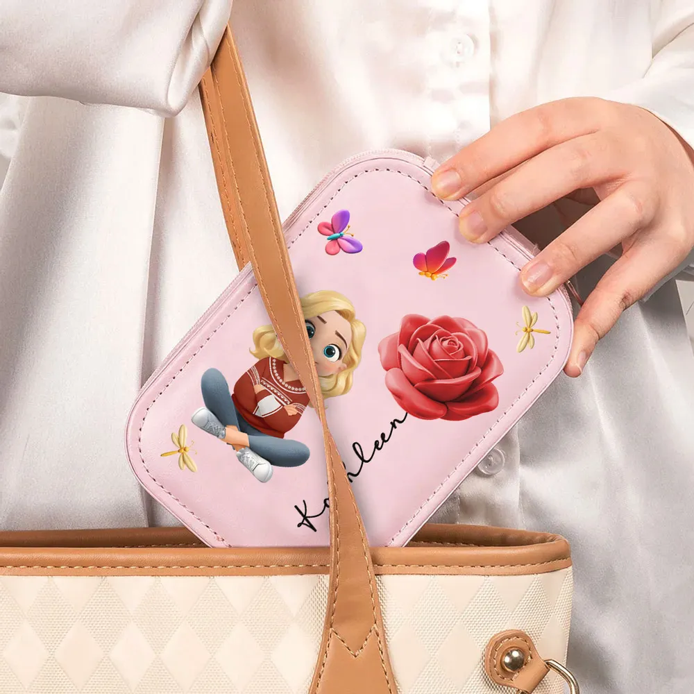 Personalized Leather LED Makeup Case with Cartoon Girl & Rose – Cute Custom Gift for Girls and Teens - Image 2