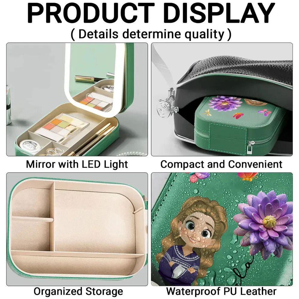 Personalized Leather LED Makeup Case with Cartoon Girl & Rose – Cute Custom Gift for Girls and Teens - Image 3
