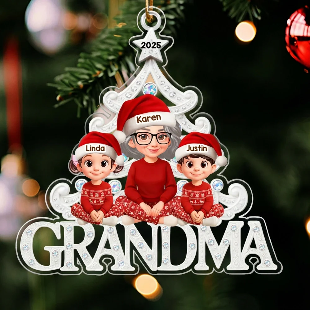 Custom Grandma Acrylic Ornament with Grandchildren in Santa Hats, Adorable Christmas Keepsake and Unique Family Gift