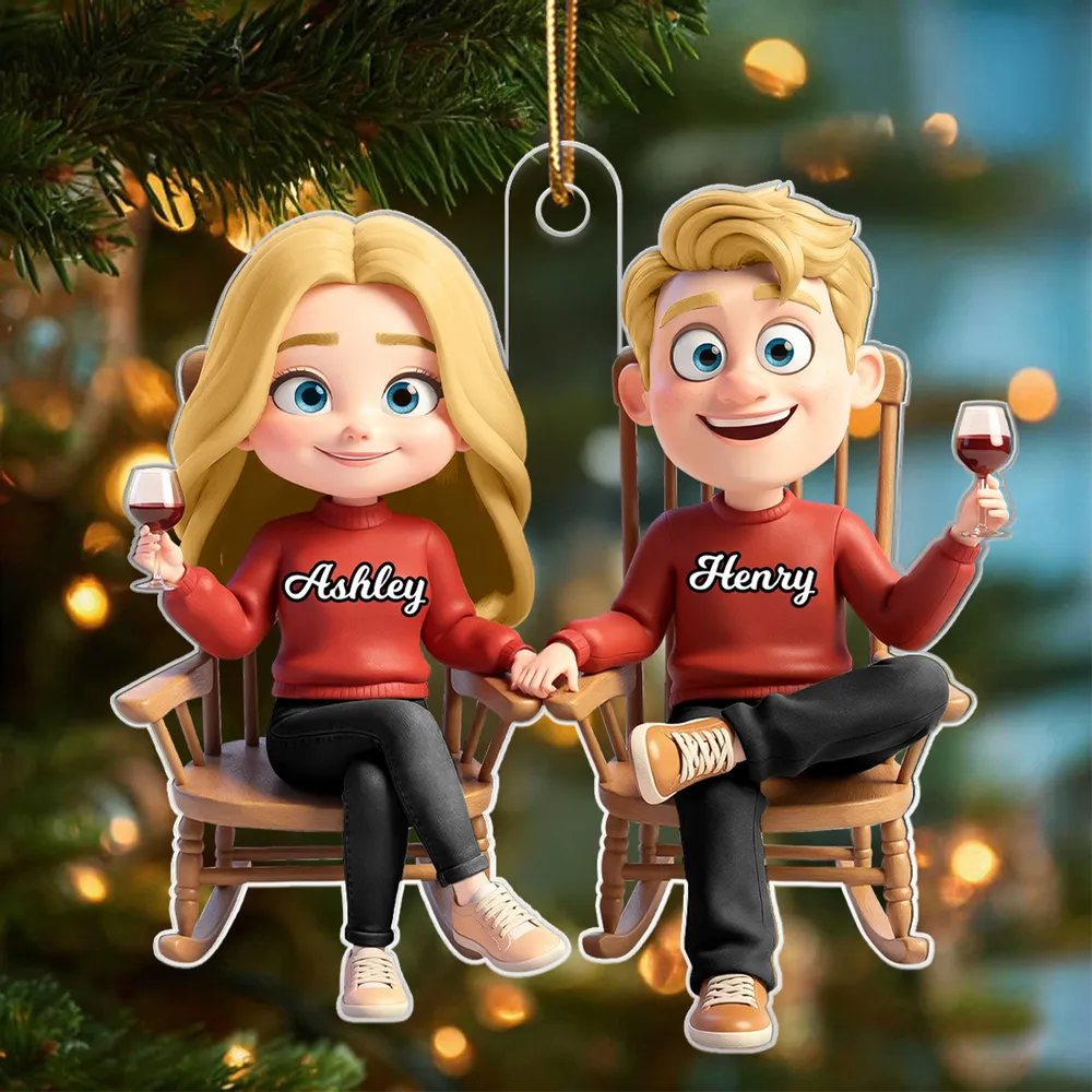 Personalized Acrylic Ornament with Cute Cartoon Couple in Rocking Chairs – Cozy Wine Night Scene, Unique Gift for Couples & Home Holiday Decor - Image 5