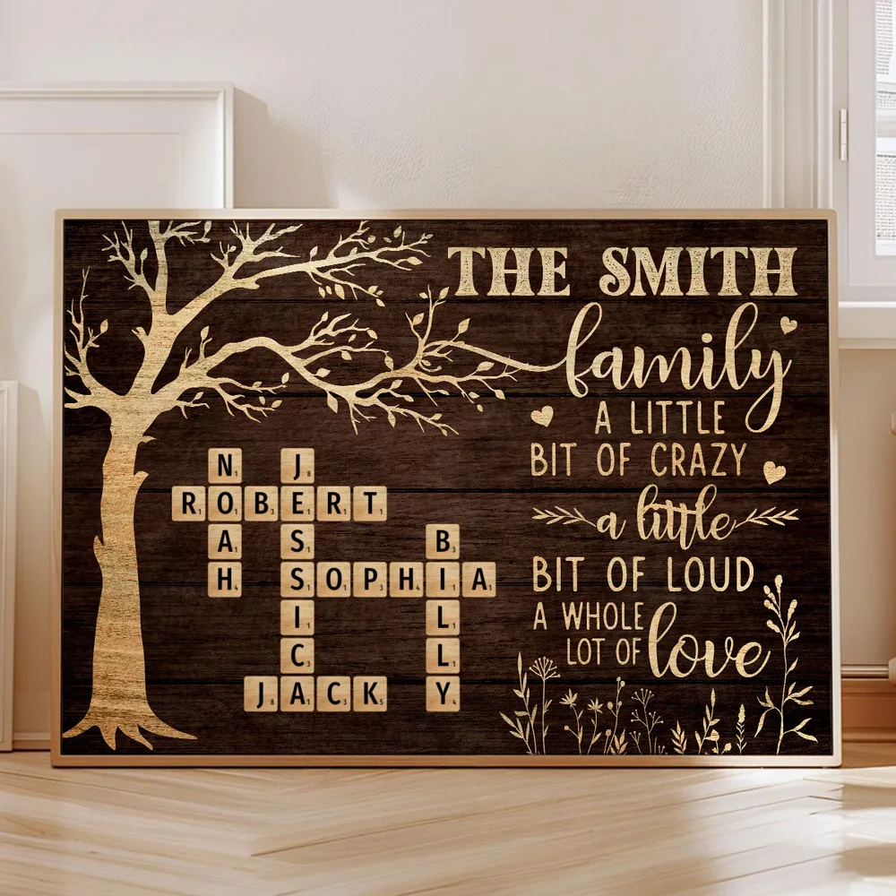 Custom Family Tree Poster with Name Crossword, Warm Wall Art Keepsake, Meaningful Housewarming or Christmas Gift
