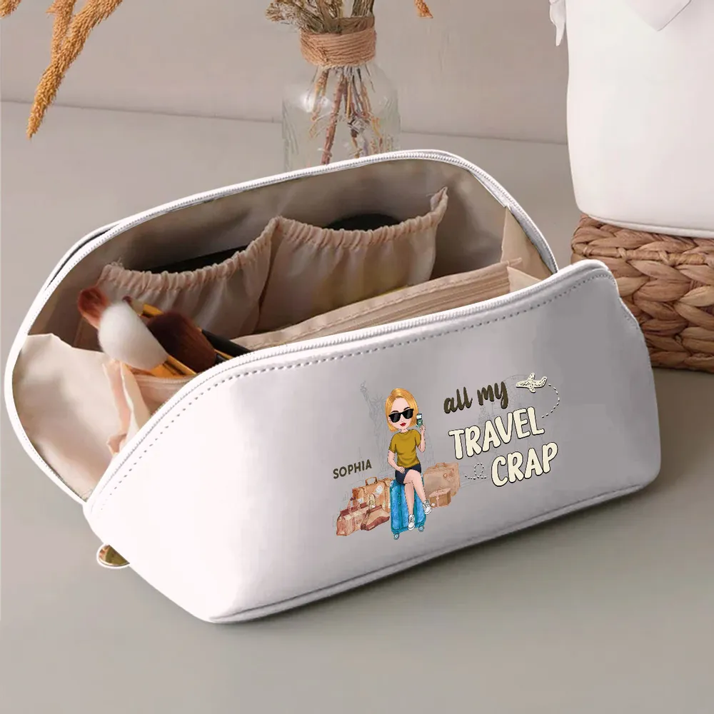 Personalized Leather Makeup Bag for Travel Lovers – Custom Cartoon Girl Design, Spacious Organizer, Unique Trendy Gift - Image 3