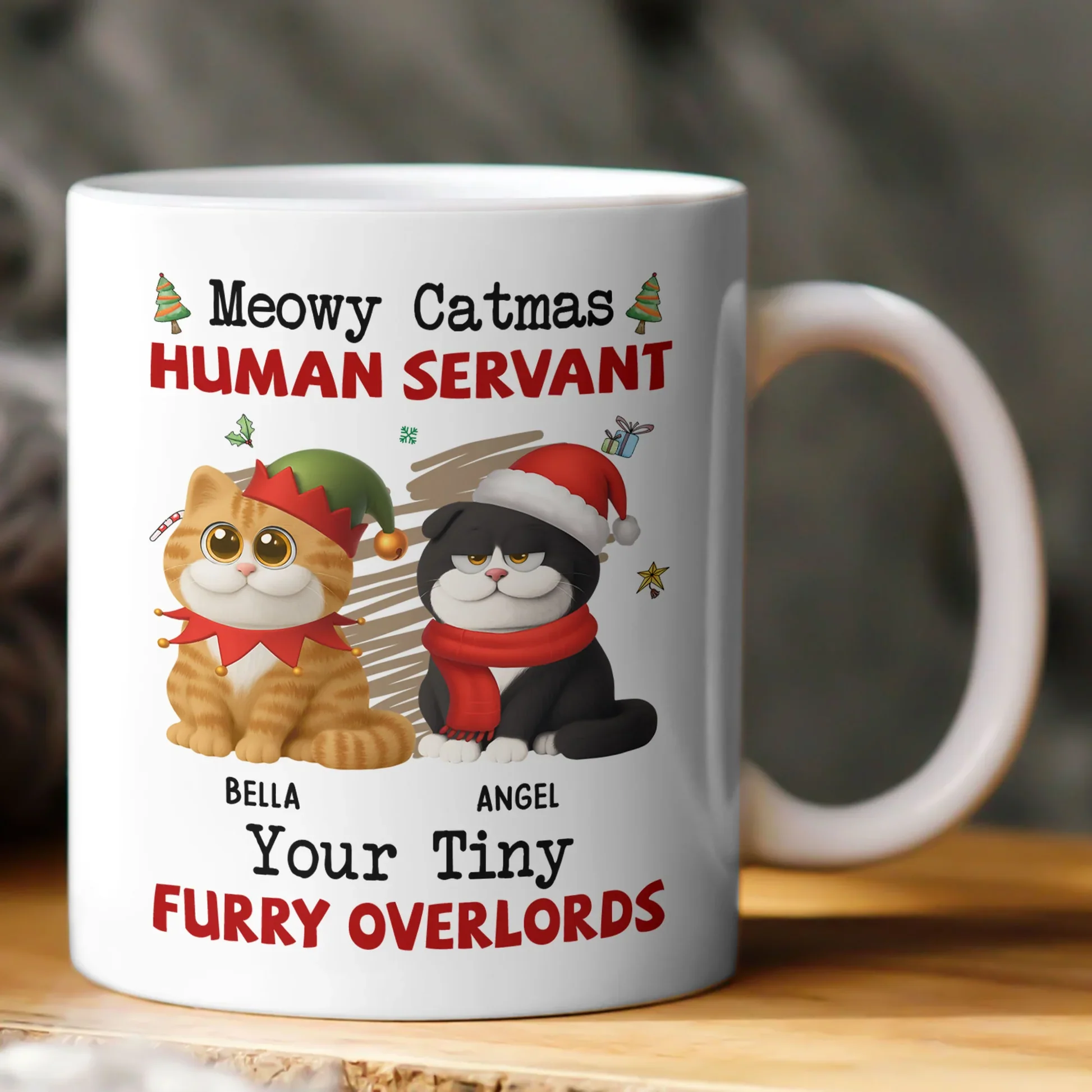 Personalized White Ceramic Mug for Cat Lovers – Meowy Catmas Tiny Furry Overlords Design – Funny Custom Gift for Your Human Servant - Image 5