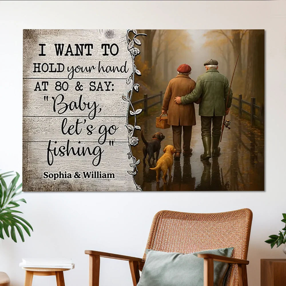 Personalized Couple Fishing Poster with Dogs – Romantic Wall Art for Living Room, Unique Gift for Him or Her