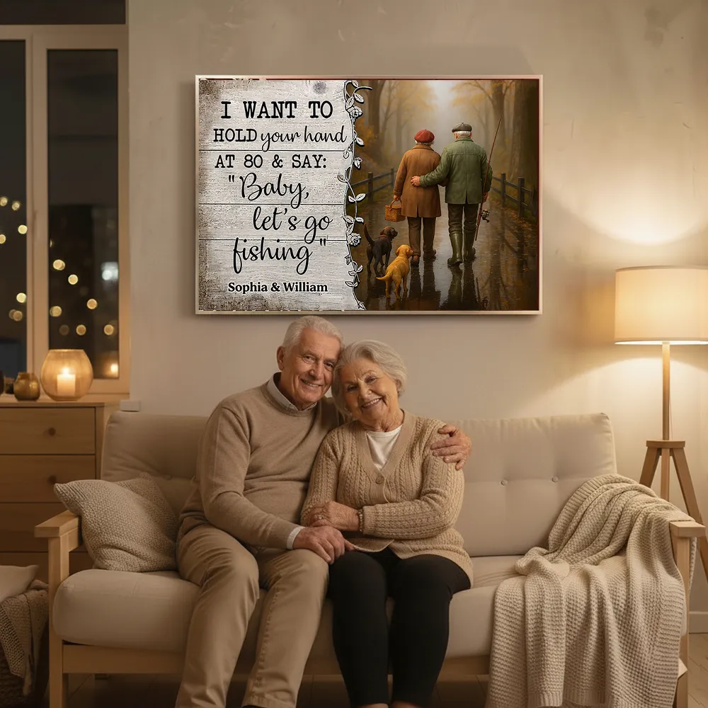 Personalized Couple Fishing Poster with Dogs – Romantic Wall Art for Living Room, Unique Gift for Him or Her - Image 3