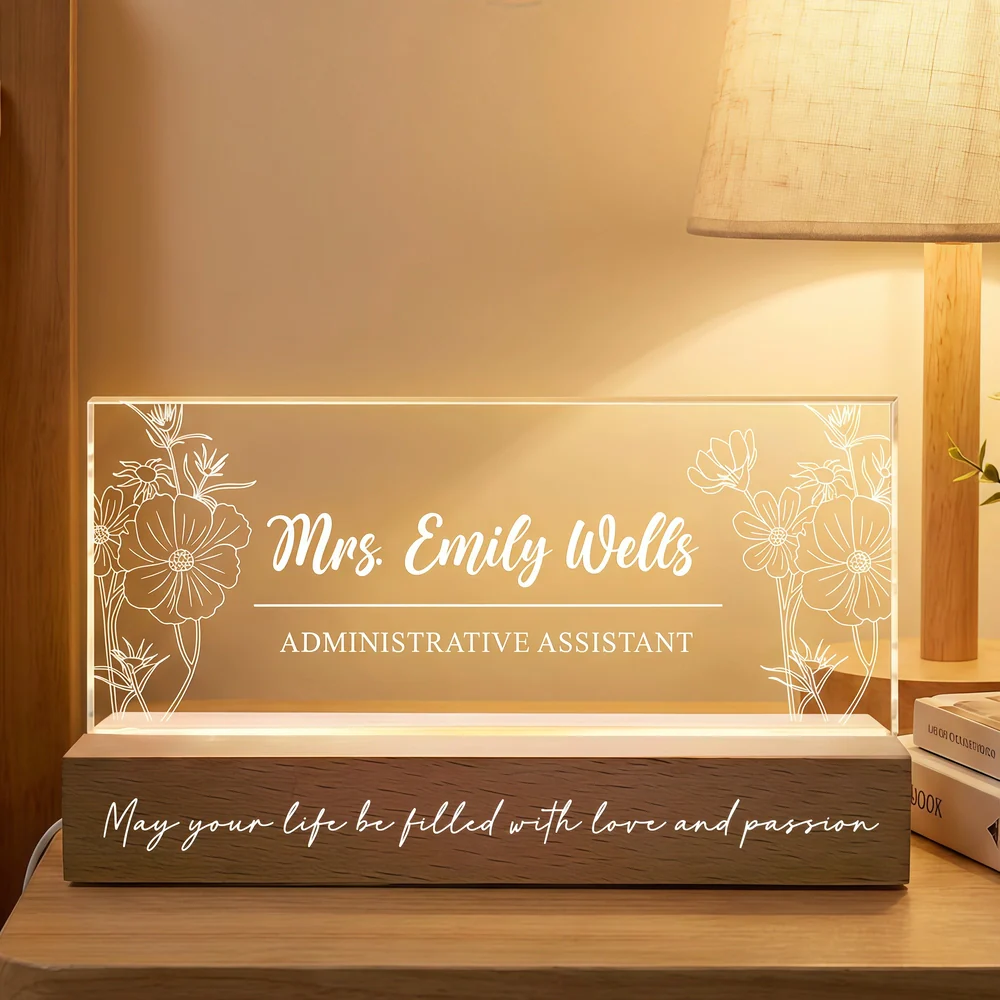 Personalized Block LED Light Plaque Desk Name Sign with Floral Design – Warm Office Night Light & Unique Gift for Coworkers or Boss