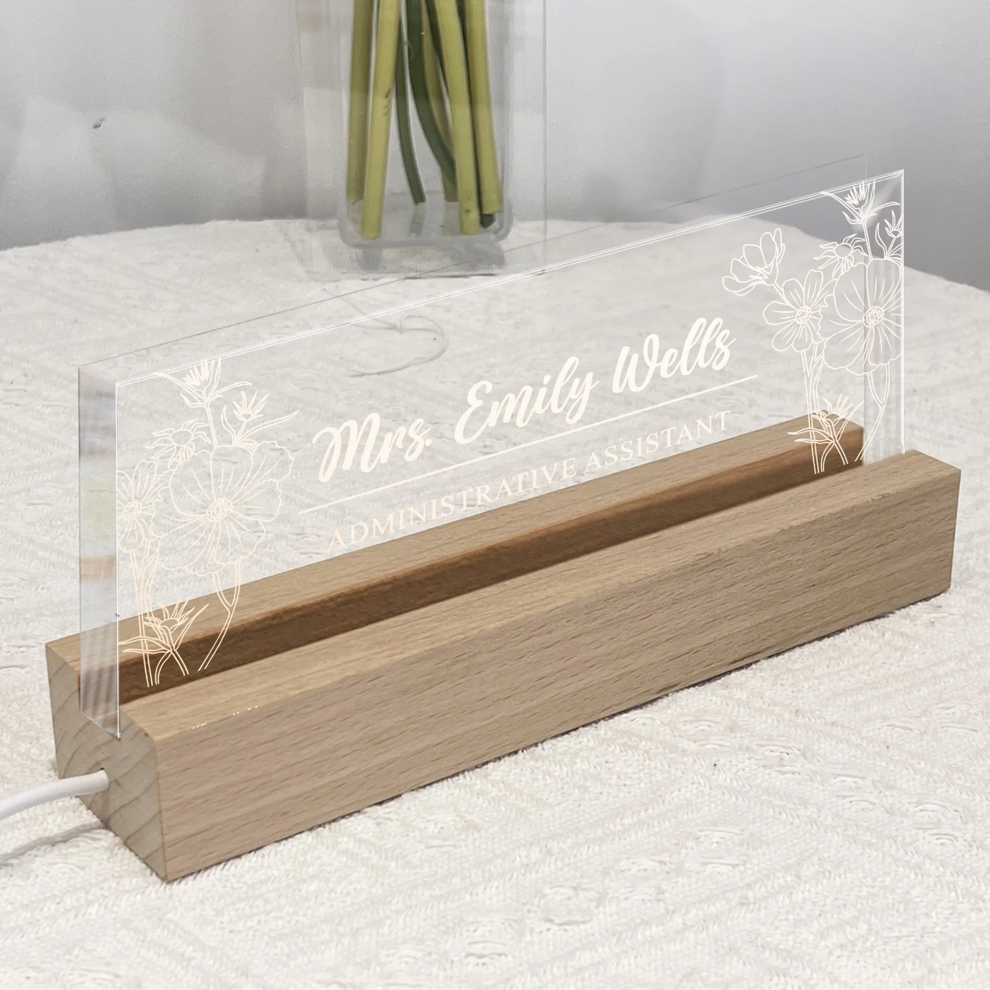 Personalized Block LED Light Plaque Desk Name Sign with Floral Design – Warm Office Night Light & Unique Gift for Coworkers or Boss - Image 2
