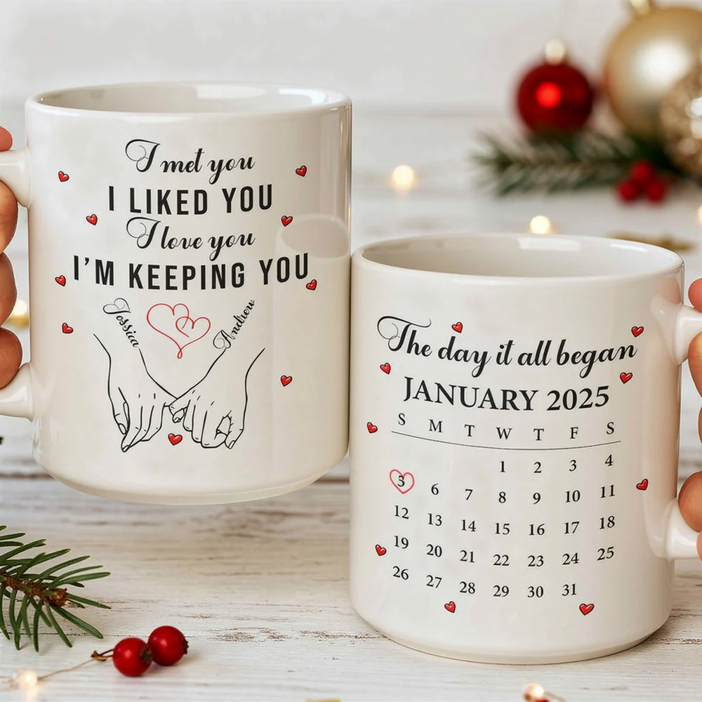 Custom White Ceramic Mug with Cute Love Quote & Calendar, Heartwarming Couple Coffee Mug Valentines Day Gift