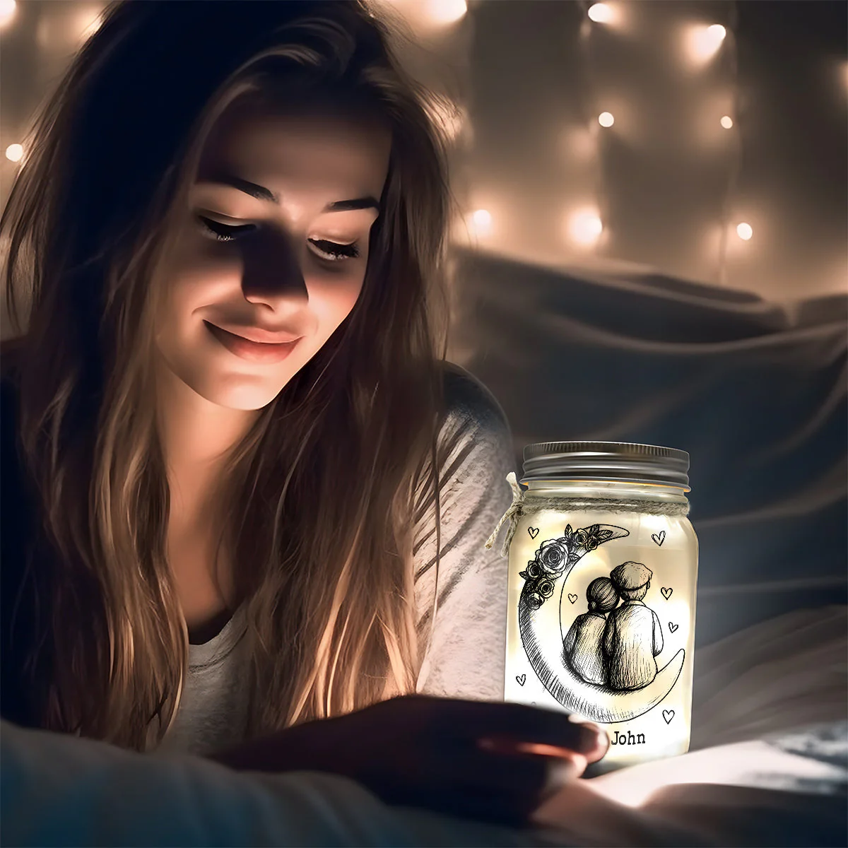 Personalized Glass Mason Jar Light with Moon Couple Design – Romantic I Love You To The Moon And Back Unique Gift - Image 3