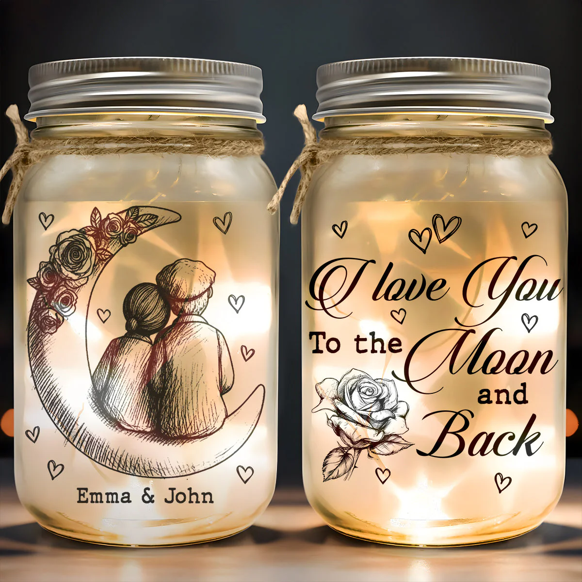Personalized Glass Mason Jar Light with Moon Couple Design – Romantic I Love You To The Moon And Back Unique Gift - Image 5