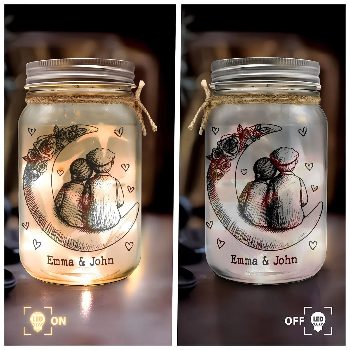 Personalized Glass Mason Jar Light with Moon Couple Design – Romantic I Love You To The Moon And Back Unique Gift - Image 6