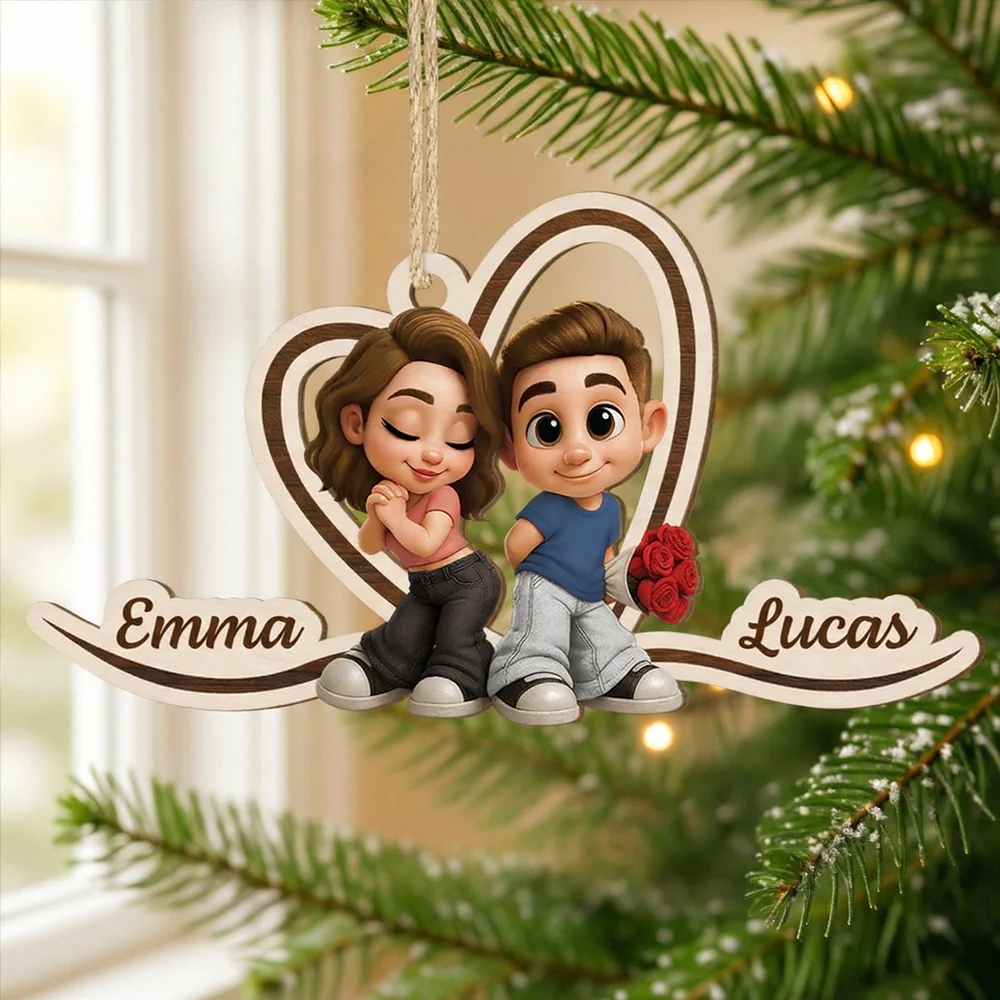 Custom Couple Wooden Ornament with Y2K Style Cartoon Art, Sweet Holiday Keepsake and Unique Romantic Gift