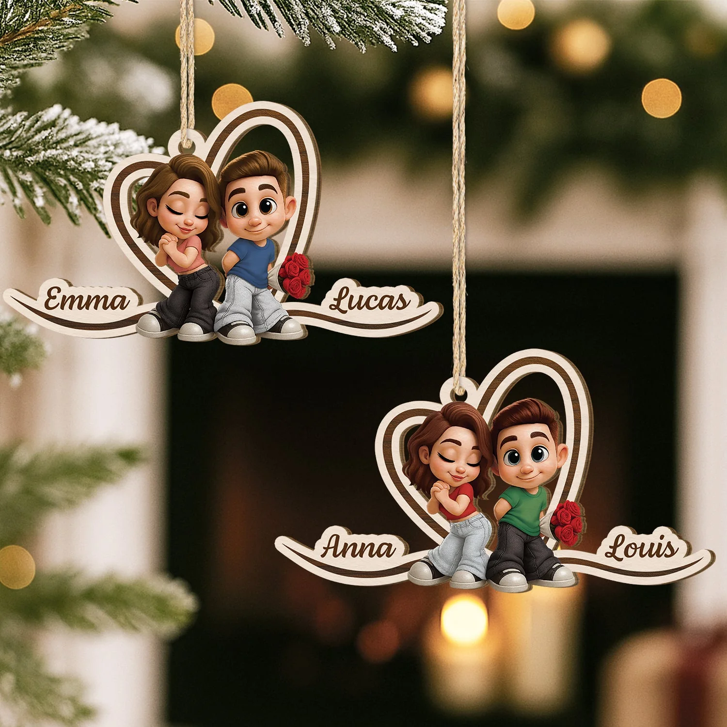 Custom Couple Wooden Ornament with Y2K Style Cartoon Art, Sweet Holiday Keepsake and Unique Romantic Gift - Image 2