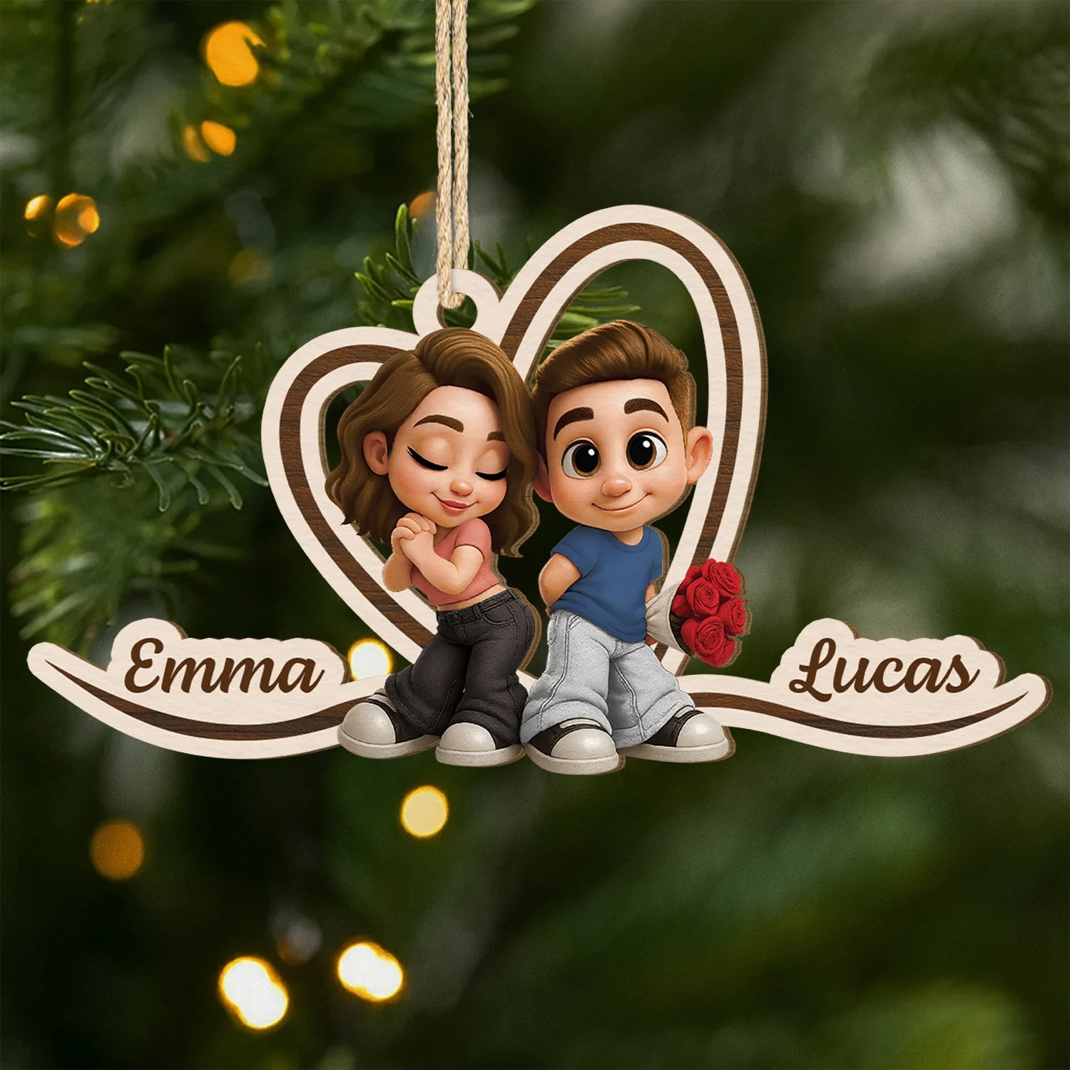 Custom Couple Wooden Ornament with Y2K Style Cartoon Art, Sweet Holiday Keepsake and Unique Romantic Gift - Image 3