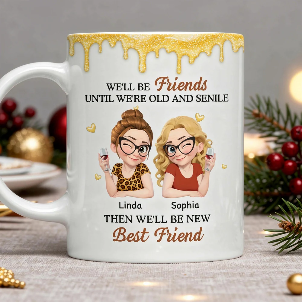 Personalized White Ceramic Mug with Two Best Friends Illustration, Fun Quote, Unique Gift for Bestie and Coworker