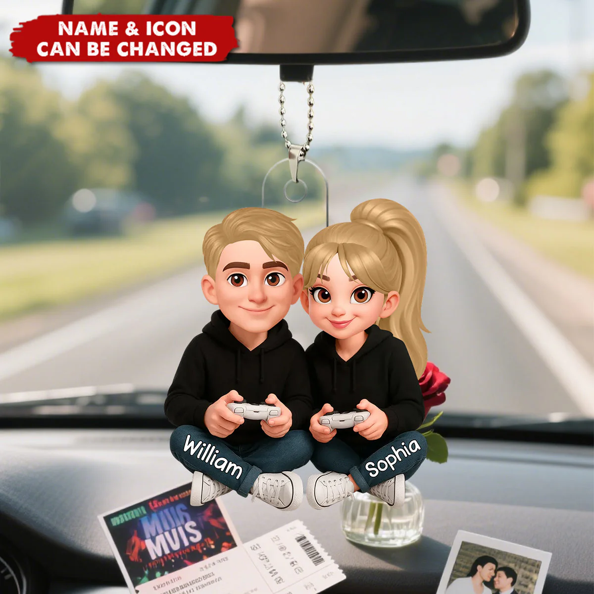 Personalized Acrylic Car Hanger Cute Gamer Couple Cartoon Car Mirror Decor Unique Gift for Couples, Sweet Daily Reminder - Image 4