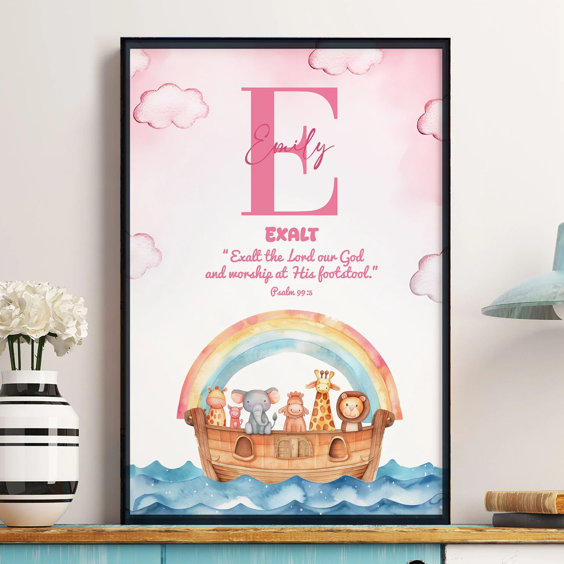 Custom Kids Noahs Ark Poster with Initial and Scripture Nursery Wall Art, Sweet Faith-Filled Gift for Baby or Child - Image 5