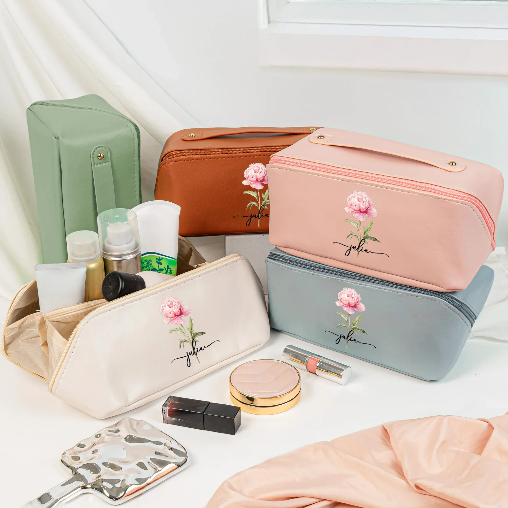 Custom Birth Flower Leather Makeup Bag – Elegant Pink Toiletry Case with Personalized Initials, Spacious Portable Storage & Thoughtful Gift Option - Image 2