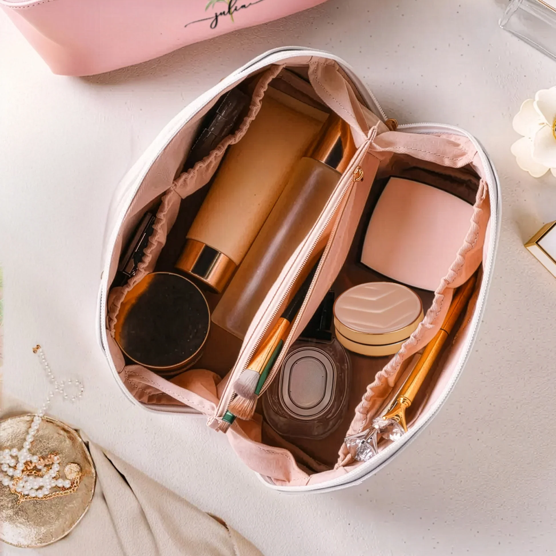 Custom Birth Flower Leather Makeup Bag – Elegant Pink Toiletry Case with Personalized Initials, Spacious Portable Storage & Thoughtful Gift Option - Image 3