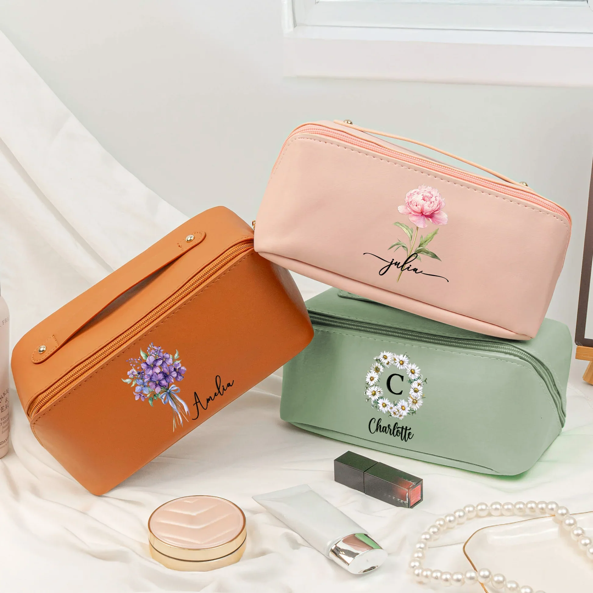 Custom Birth Flower Leather Makeup Bag – Elegant Pink Toiletry Case with Personalized Initials, Spacious Portable Storage & Thoughtful Gift Option - Image 5