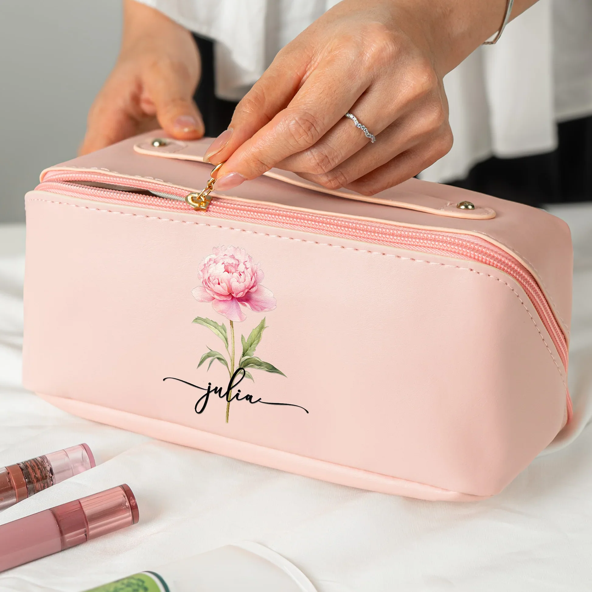 Custom Birth Flower Leather Makeup Bag – Elegant Pink Toiletry Case with Personalized Initials, Spacious Portable Storage & Thoughtful Gift Option - Image 6