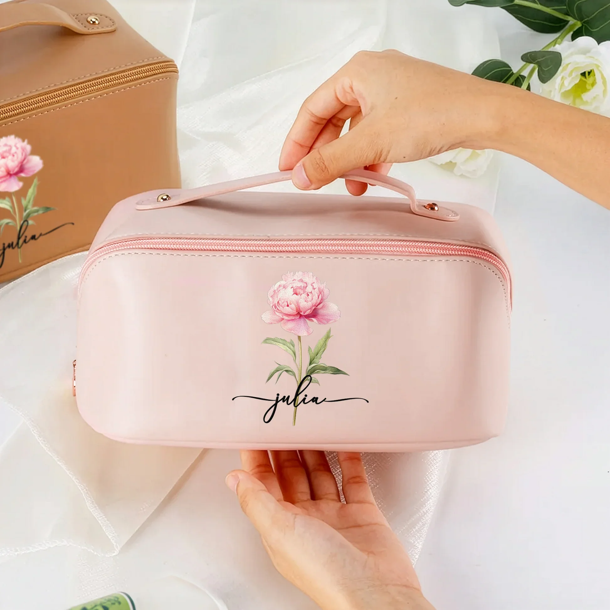 Custom Birth Flower Leather Makeup Bag – Elegant Pink Toiletry Case with Personalized Initials, Spacious Portable Storage & Thoughtful Gift Option - Image 7