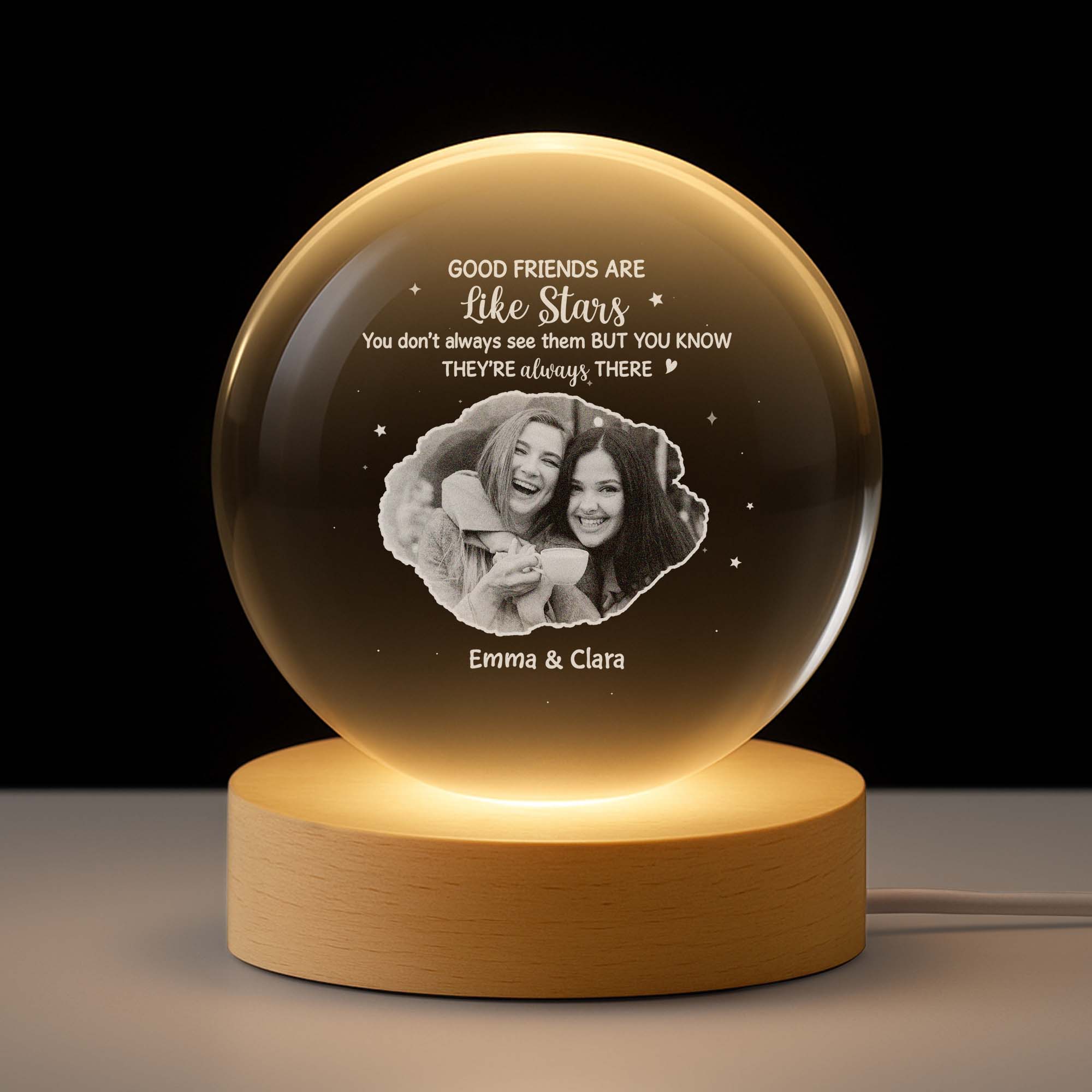 Personalized Crystal Globe Lamp with Photo – “Good Friends Are Like Stars” Meaningful Night Light Gift for Best Friends - Image 2
