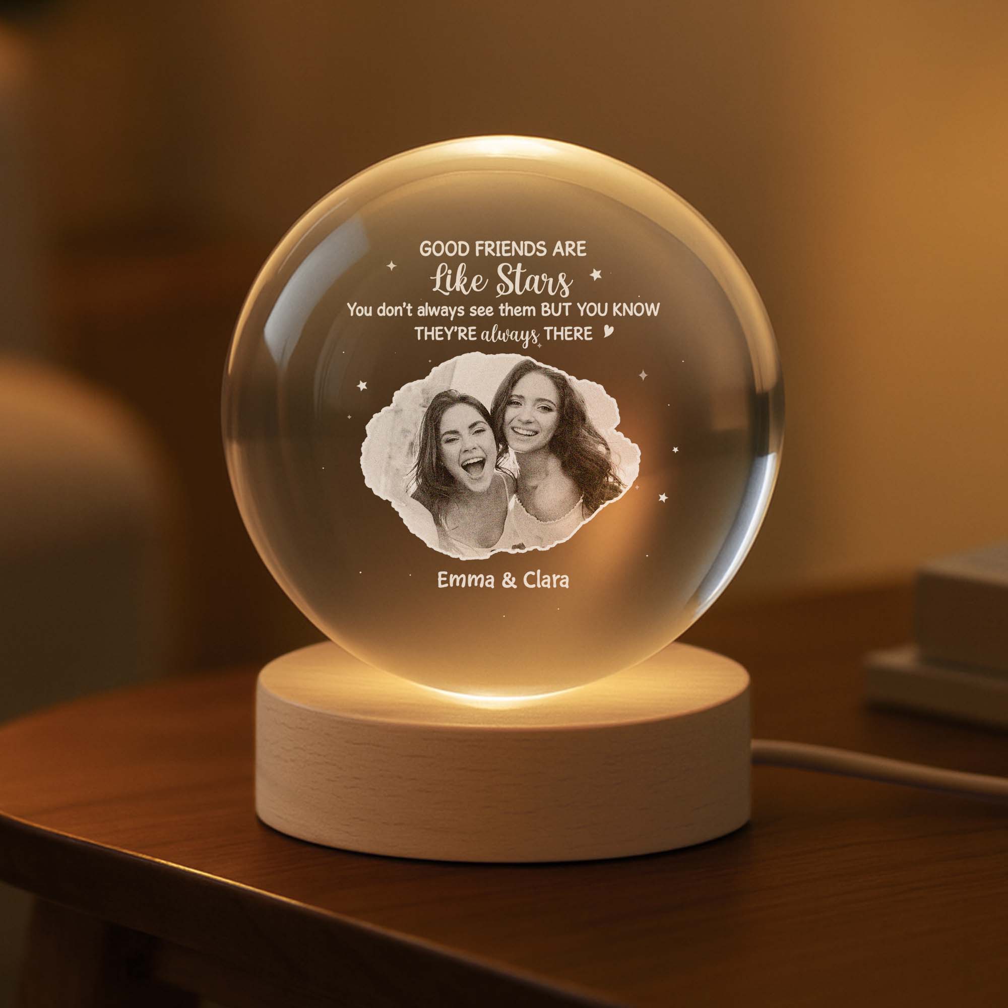 Personalized Crystal Globe Lamp with Photo – “Good Friends Are Like Stars” Meaningful Night Light Gift for Best Friends - Image 3