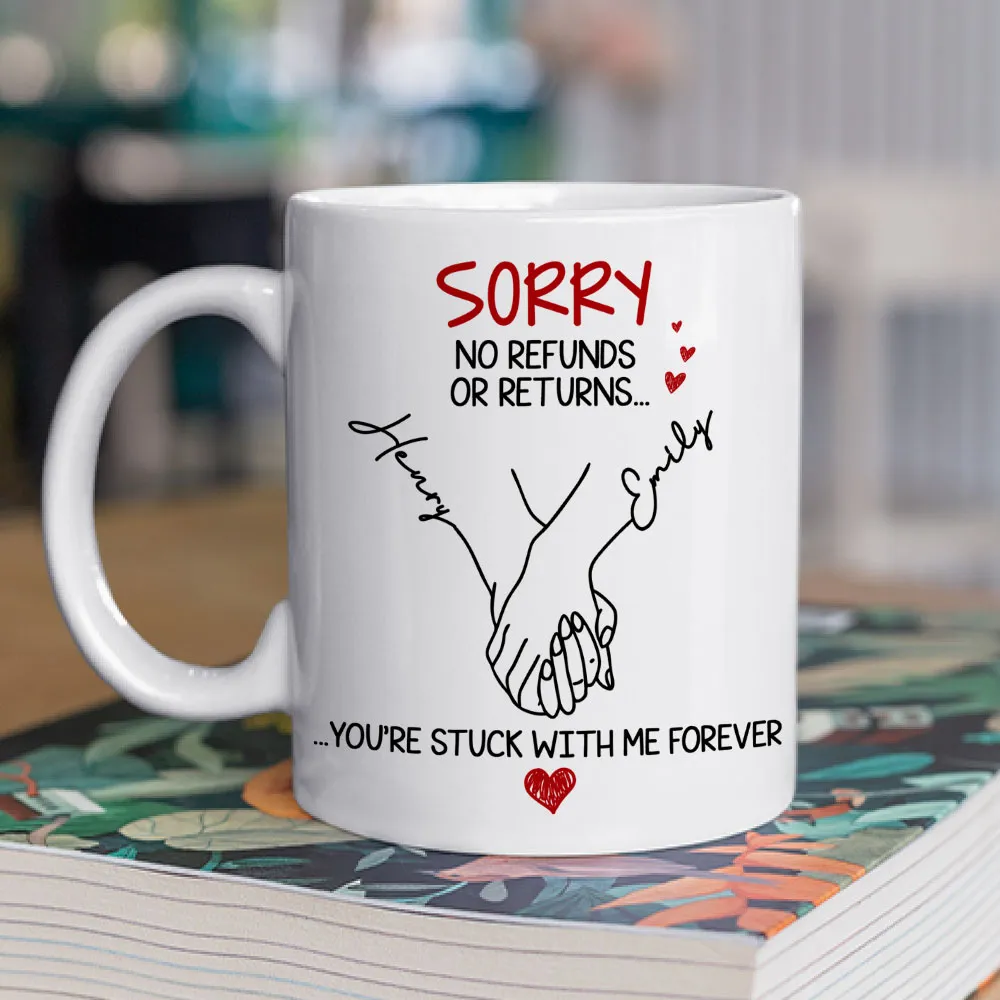 Personalized White Ceramic Mug with Holding Hands Illustration – Romantic “You’re Stuck with Me Forever” Couple Gift - Image 2
