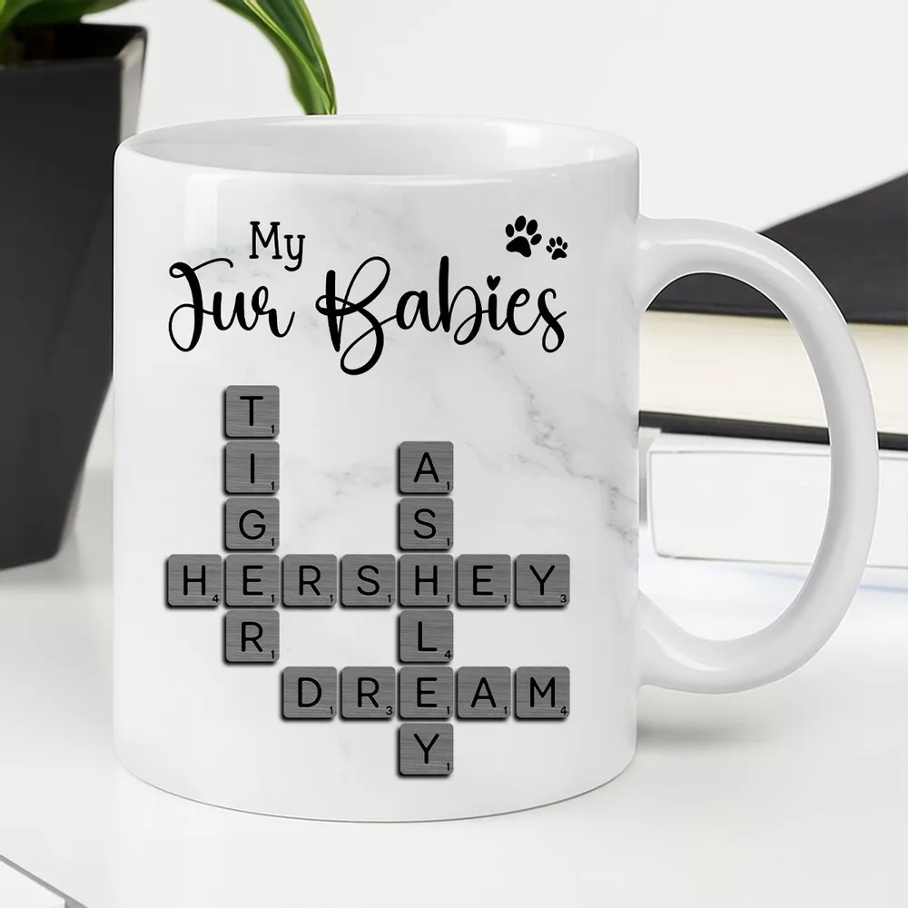 Personalized White Ceramic Mug for Fur Babies Lovers with Crossword Pet Names, Cute Unique Gift for Dog or Cat Mom - Image 2