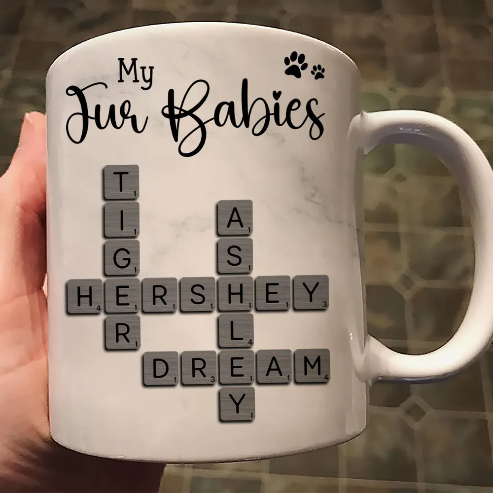 Personalized White Ceramic Mug for Fur Babies Lovers with Crossword Pet Names, Cute Unique Gift for Dog or Cat Mom - Image 3