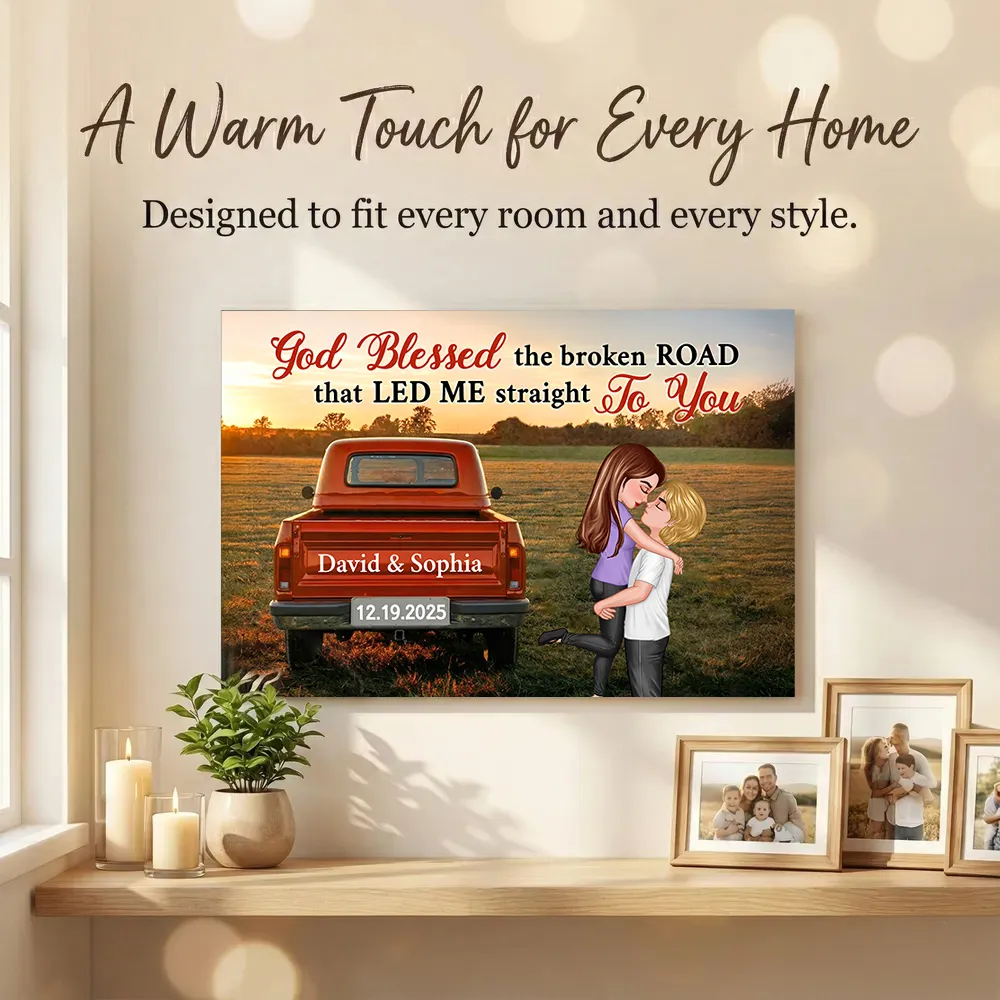 God Blessed the Broken Road Personalized Poster – Custom Hugging Couple Wall Art, Modern Home Decor and Heartfelt Gift for Him or Her - Image 2