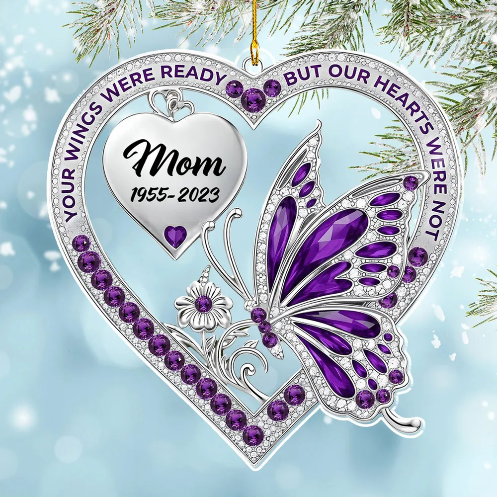 Personalized Acrylic Ornament for Mom Memorial with Blue Butterfly & Heart – Unique Remembrance Gift & Festive Decor - Image 2