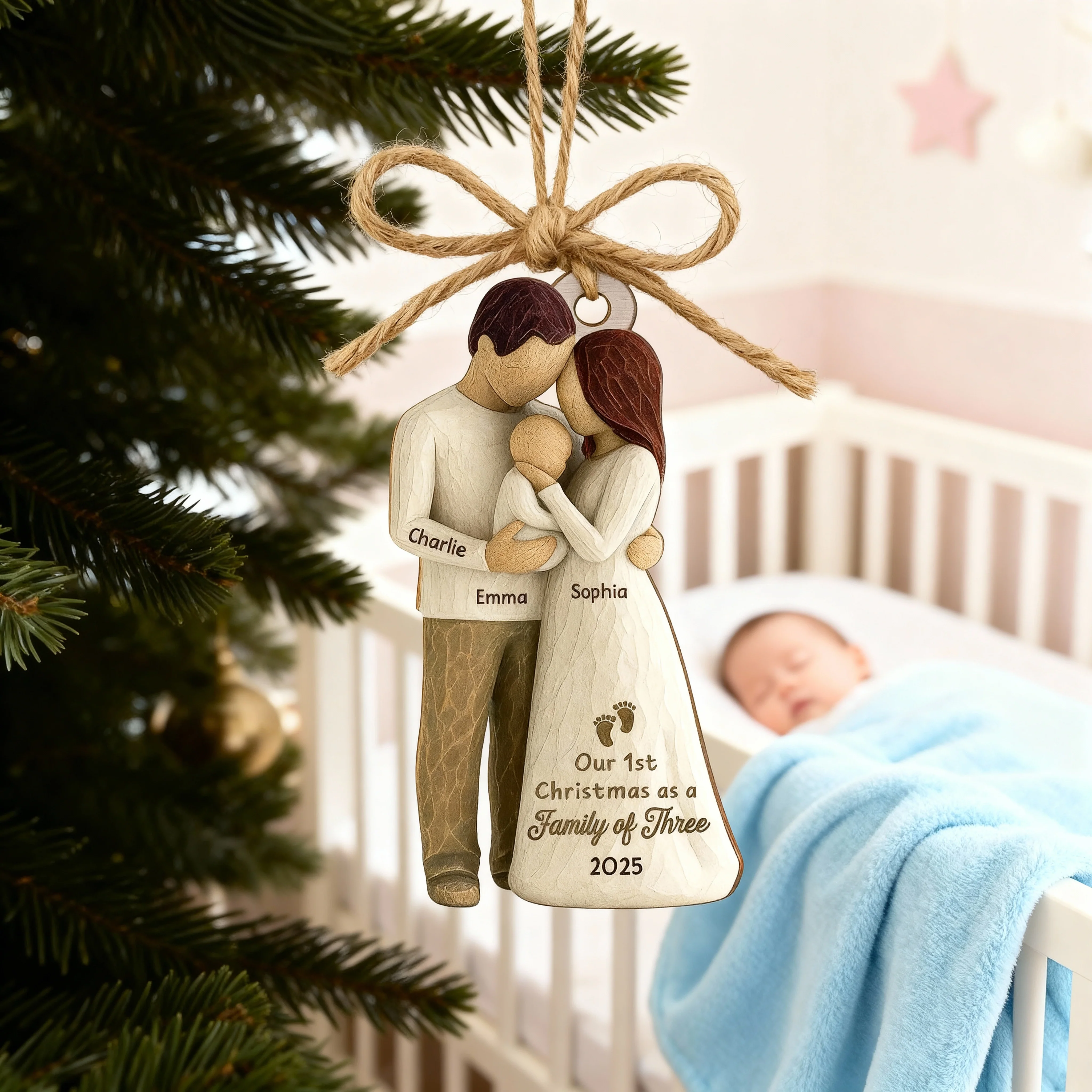 Custom Family of Three Wooden Ornament – New Baby Christmas Keepsake for Proud Parents, Unique Holiday Gift