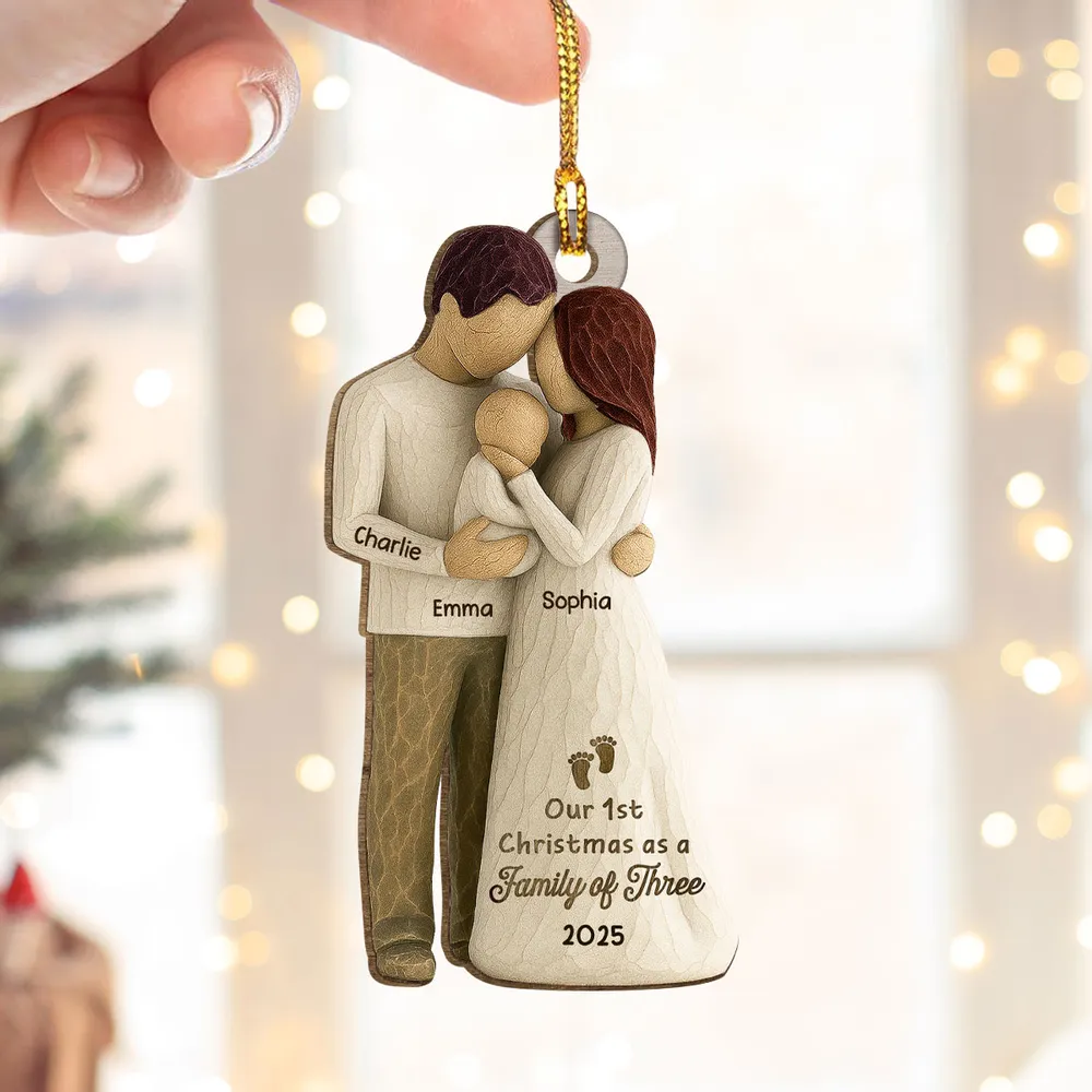 Custom Family of Three Wooden Ornament – New Baby Christmas Keepsake for Proud Parents, Unique Holiday Gift - Image 2
