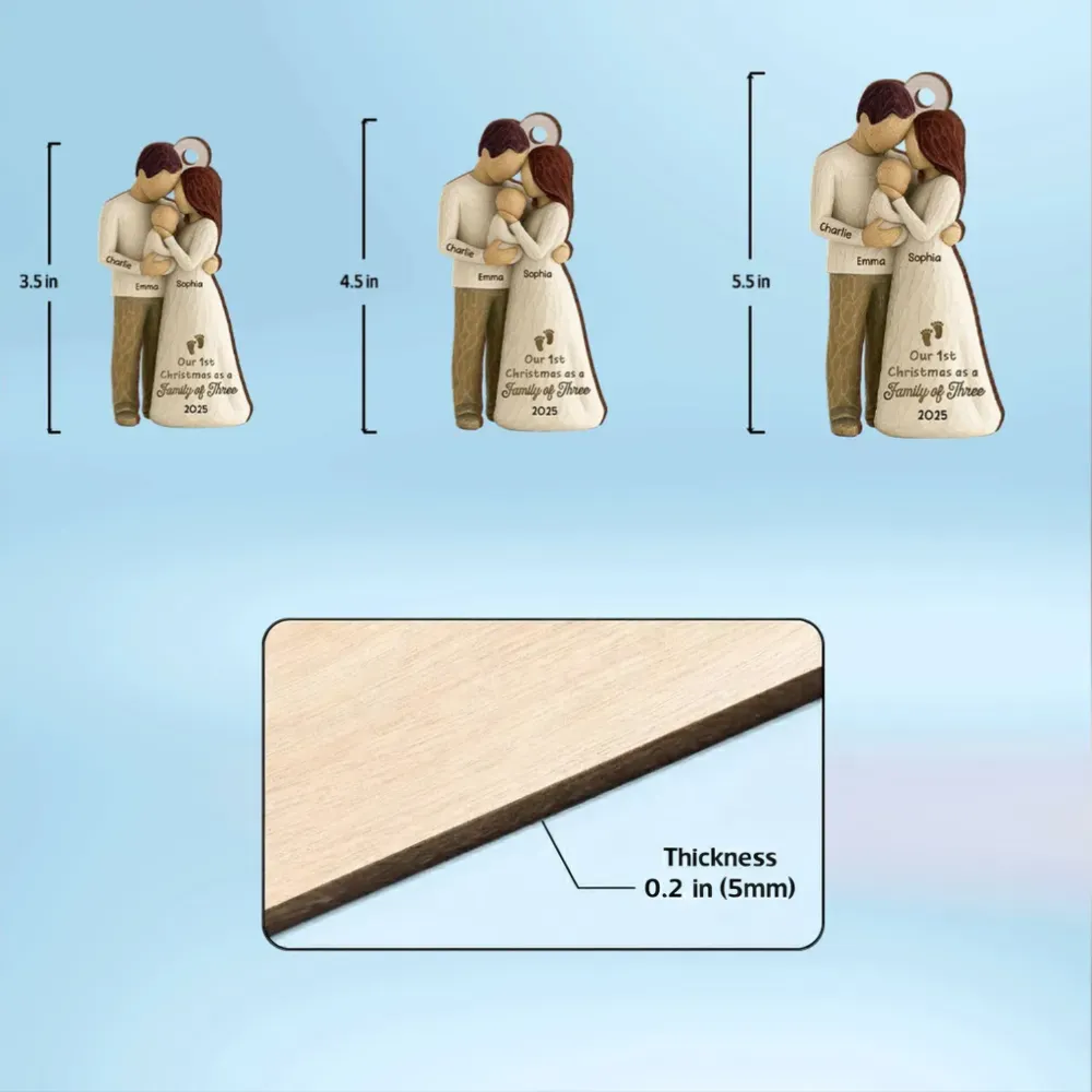 Custom Family of Three Wooden Ornament – New Baby Christmas Keepsake for Proud Parents, Unique Holiday Gift - Image 4