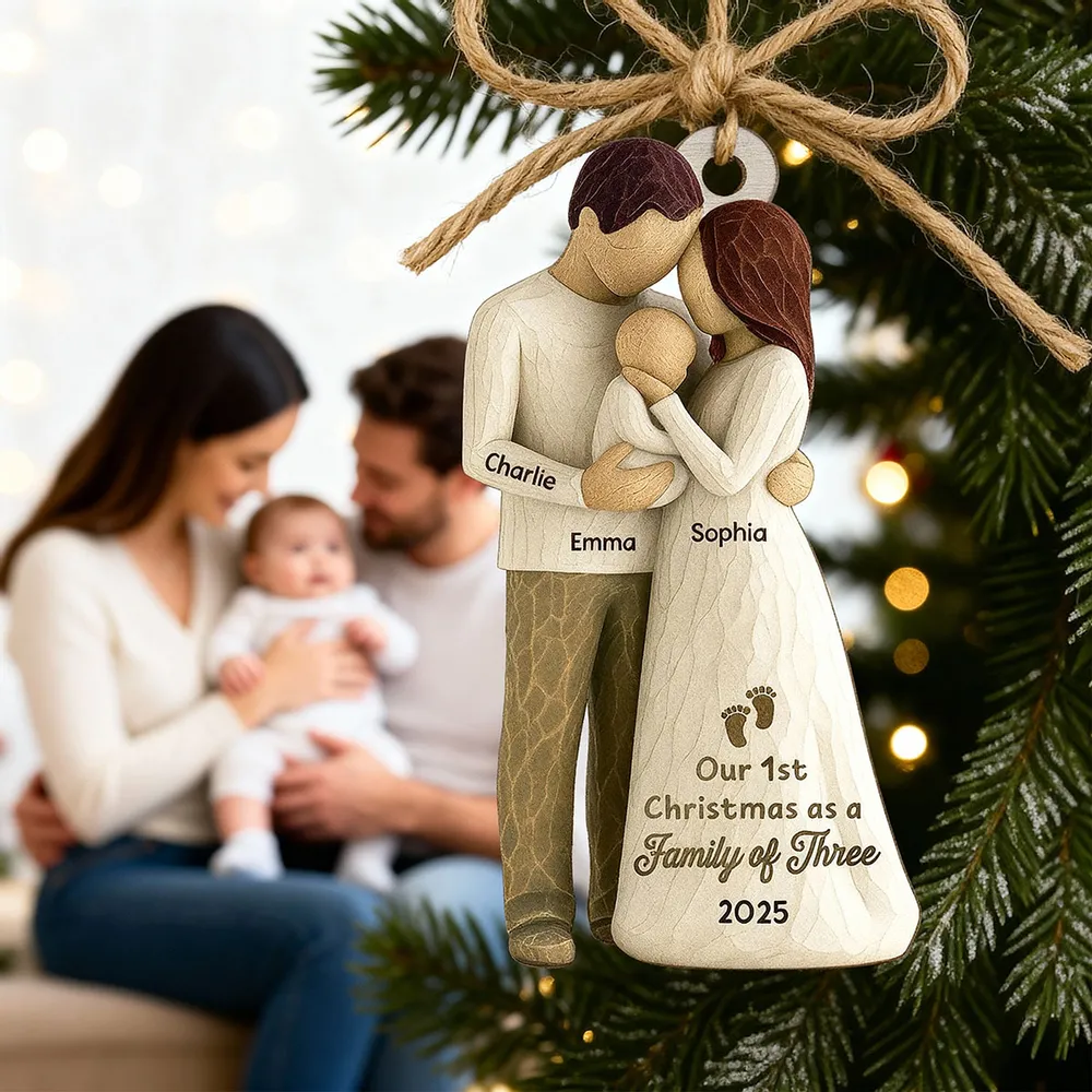 Custom Family of Three Wooden Ornament – New Baby Christmas Keepsake for Proud Parents, Unique Holiday Gift - Image 5