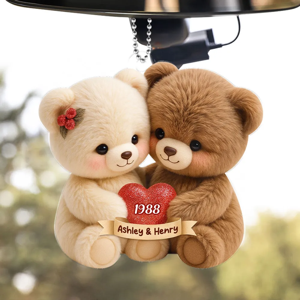 Personalized Acrylic Car Hanger with Cute Bear Couple – Custom Car Mirror Decor and Unique Romantic Gift for Couples - Image 2