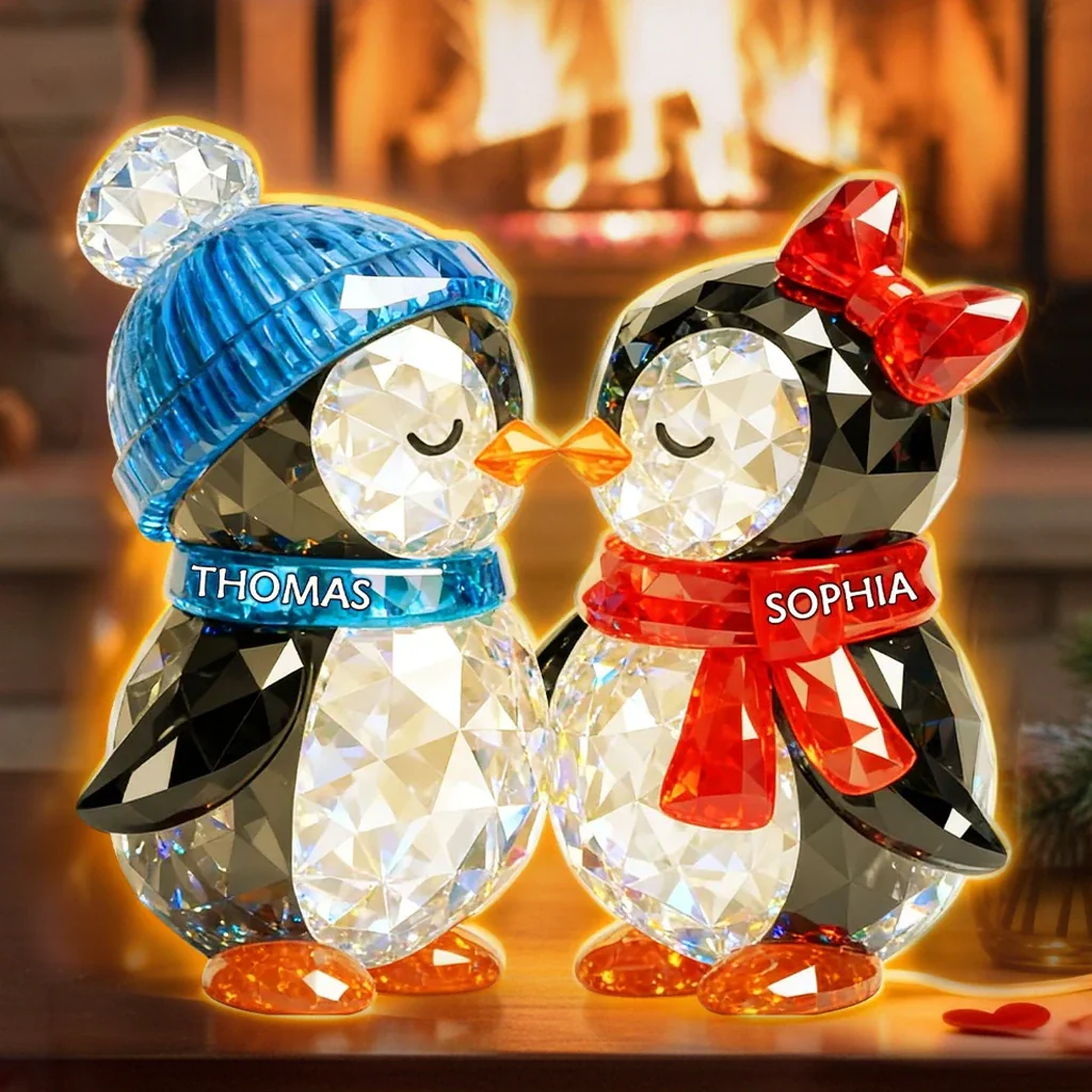 Custom Penguin Couple Acrylic Light Box with Names, Romantic LED Night Light Gift for Couples