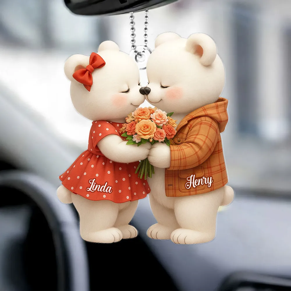 Personalized Acrylic Car Hanger with Kissing Bear Couple – Cute Romantic Car Mirror Decor & Unique Gift for Couples - Image 2
