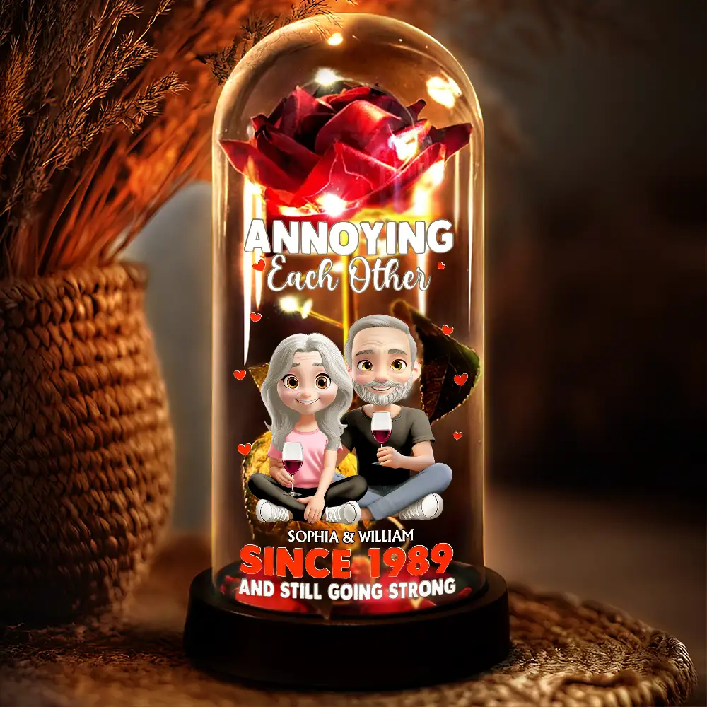 Personalized Lighted Eternal Rose Dome with Cute Couple Illustration, Warm Glow Decor, Unique Anniversary Gift - Image 2