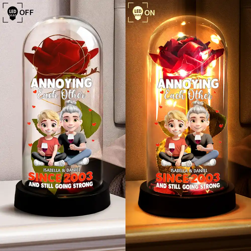 Personalized Lighted Eternal Rose Dome with Cute Couple Illustration, Warm Glow Decor, Unique Anniversary Gift - Image 6